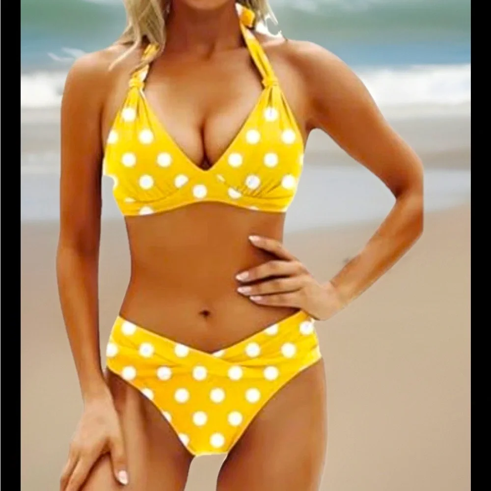Yonique Yellow polkadot Bikini 2Pc Push Up Halter Top Vintage Style Bottoms NWT